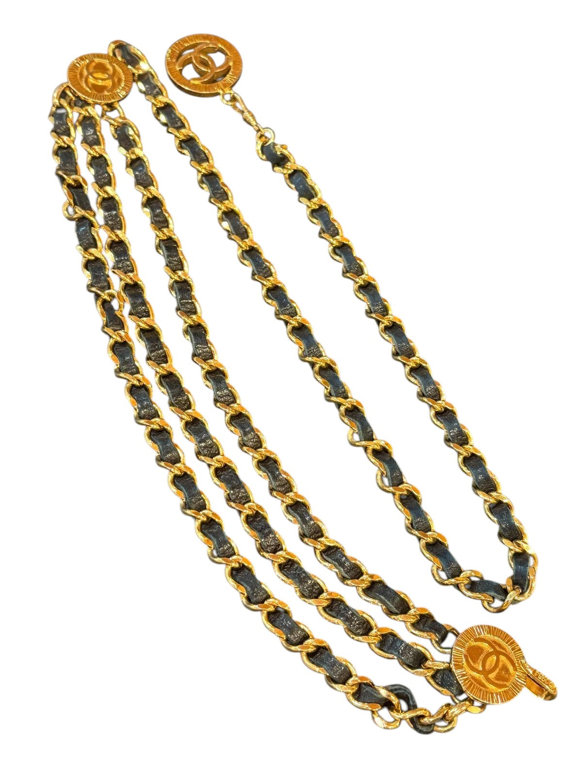 Chanel CC Logo Chain Belt in Gold with Navy Leather