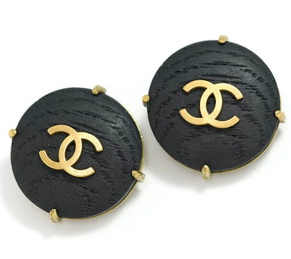 Chanel Vintage CC Logos Round Wood Clip-On Earrings in Gold Tone - 94P Collection