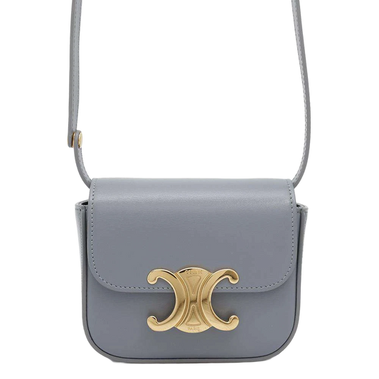 CELINE Triomphe Claude Shoulder Bag Size Mini Shiny Calf Leather Blue Gray