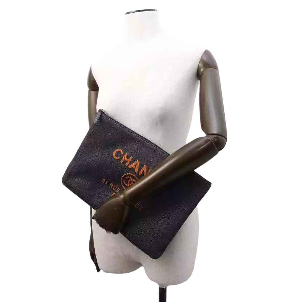 CHANEL Deauville Clutch Bag Denim Navy Orange