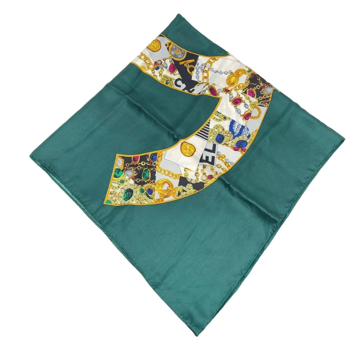 Chanel Coco Mark Green Multicolor Silk Scarf
