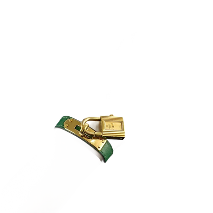 HERMES Kelly Watches Quartz Gold Dial Green Vintage Cadena Ladies Watch