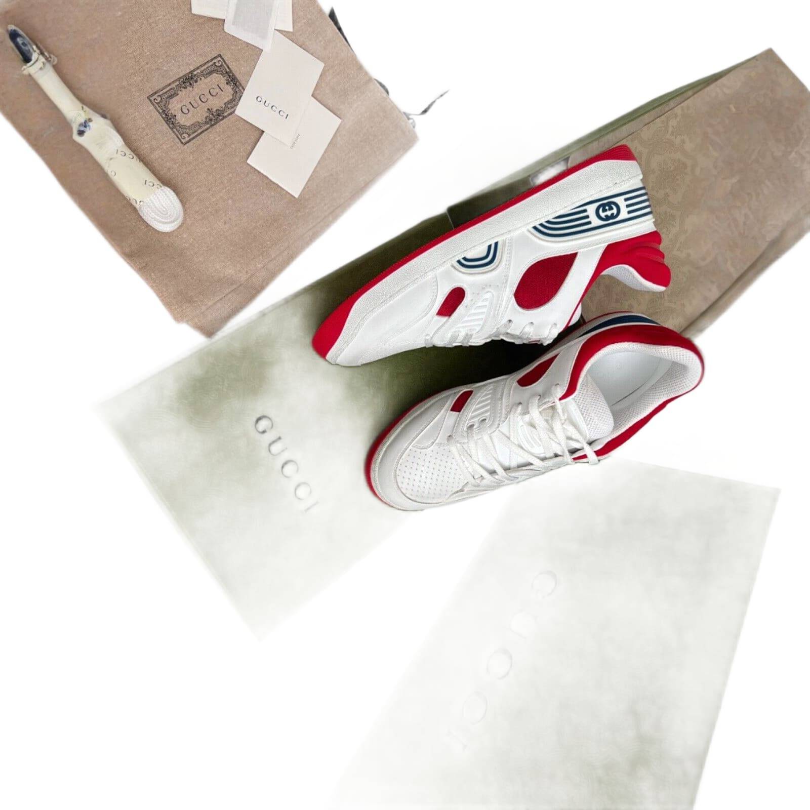 Gucci Men's Basket Sneakers Low Top Lace Up Red White Blue