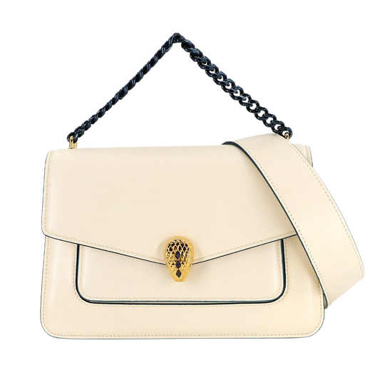 BVLGARI Serpenti Forever 2 Way Hand Chain Shoulder Bag Leather Ivory