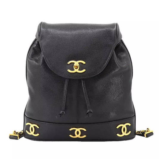 CHANEL Triple Coco Chain Backpack Caviar Skin Leather Black Purse