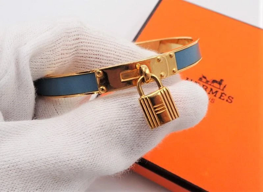 HERMES Kelly Bangle Lock Motif Gold Plated Blue Leather 19.5cm w Box