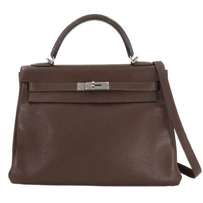 HERMES Kelly 32 Hand Shoulder Bag Taurillon Clemence Cacao Purse