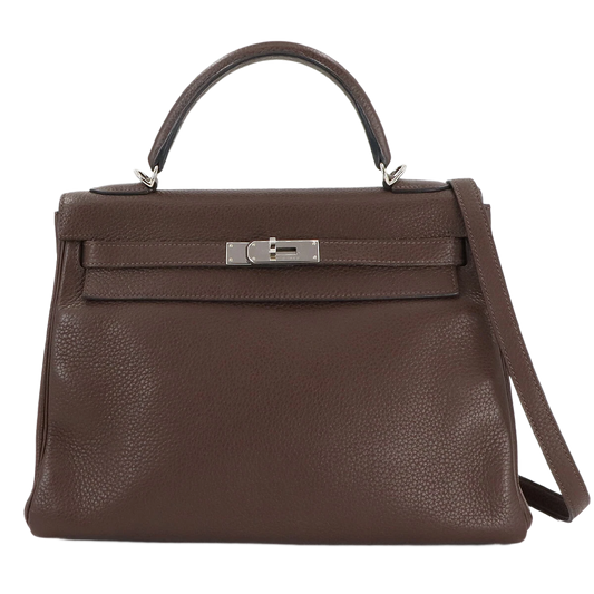 HERMES Kelly 32 Hand Shoulder Bag Taurillon Clemence Cacao Purse