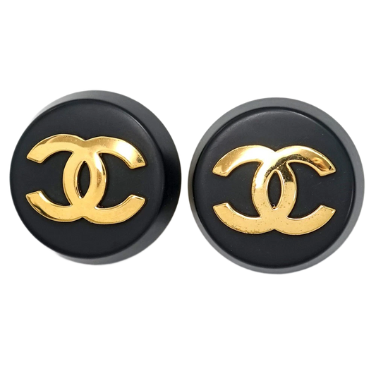 Chanel CC Logos Round Clip-On Earrings in Gold & Black