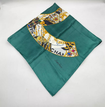 Chanel Coco Mark Green Multicolor Silk Scarf