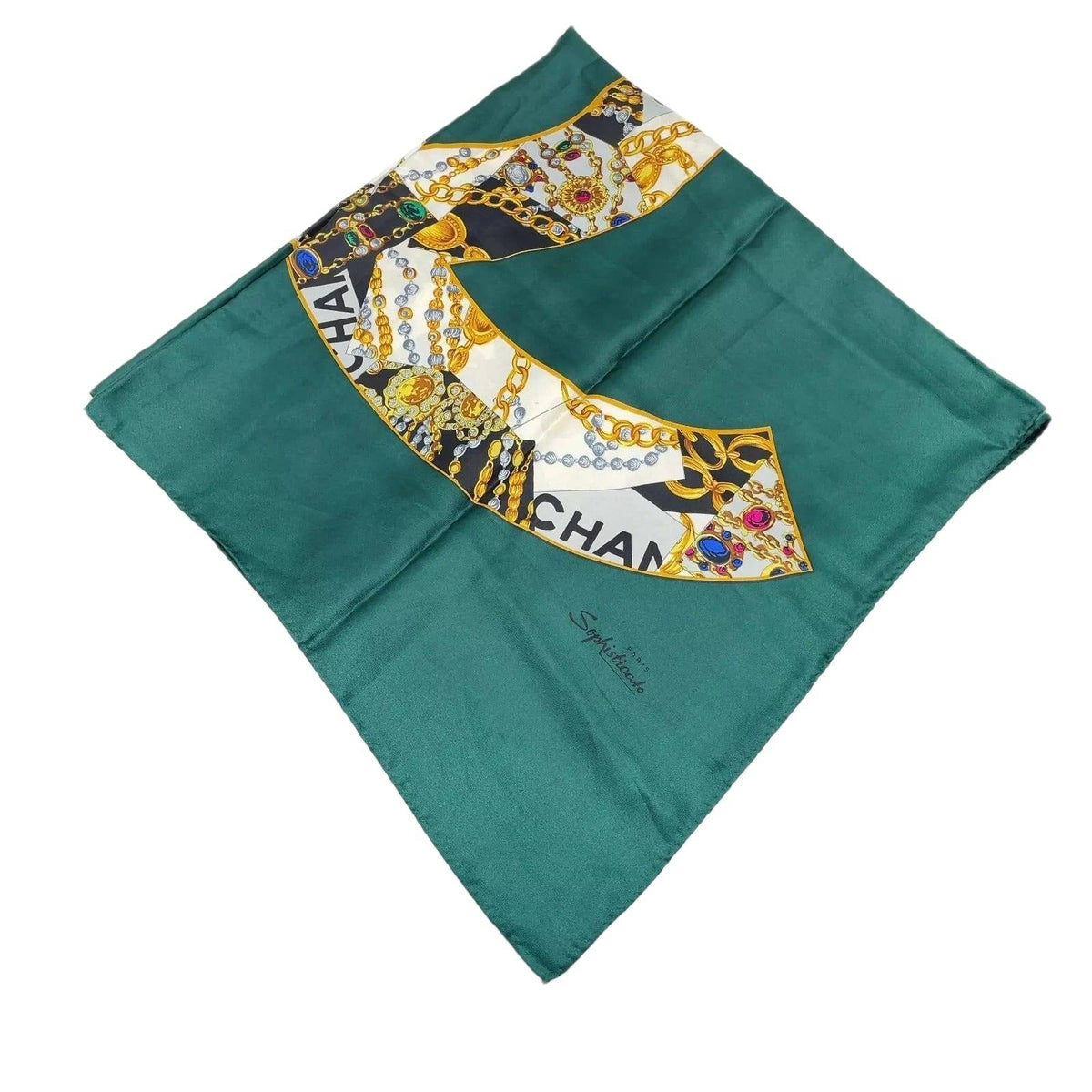 Chanel Coco Mark Green Multicolor Silk Scarf