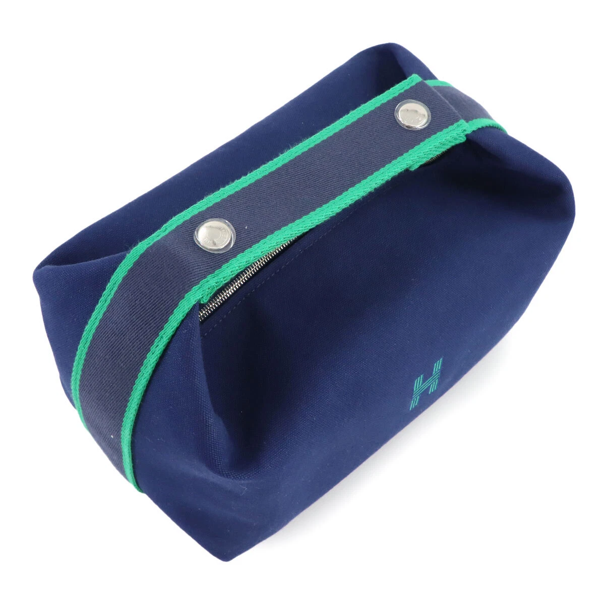 HERMES Bride a Brac GM Hand Bag Toile H Blue Marine Green Pouch