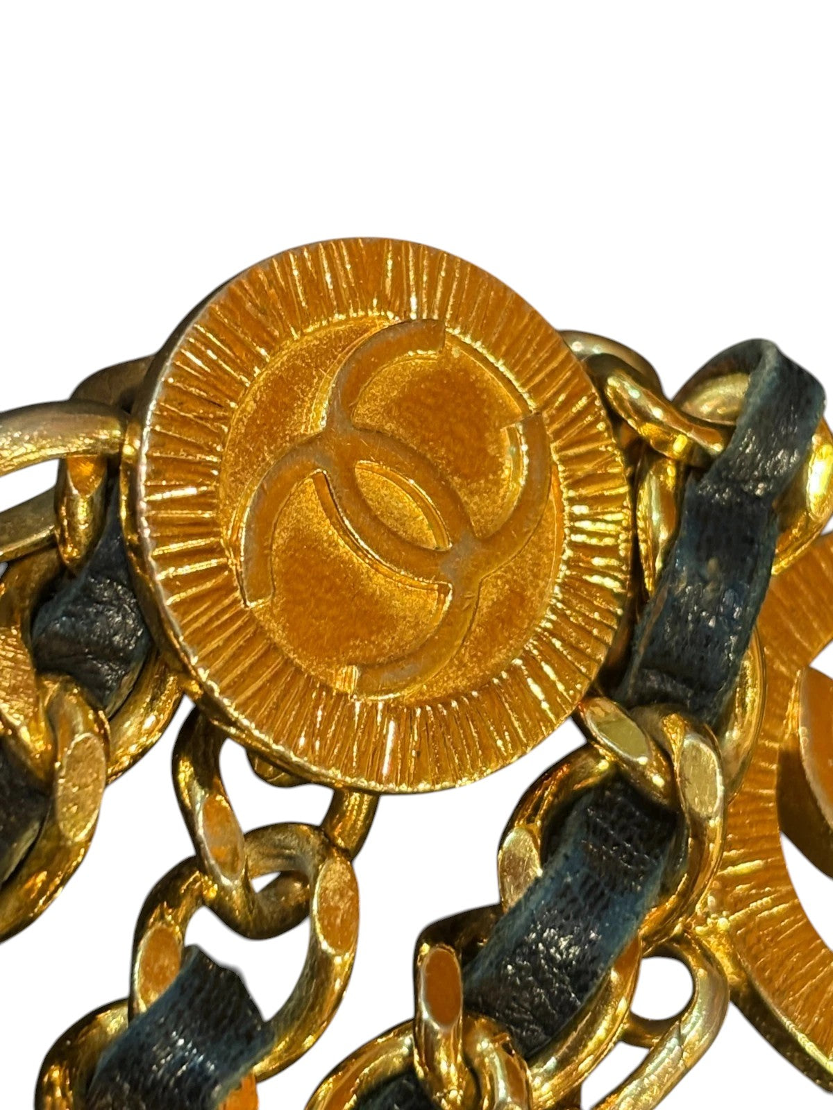 Chanel CC Logo Chain Belt in Gold with Navy Leather