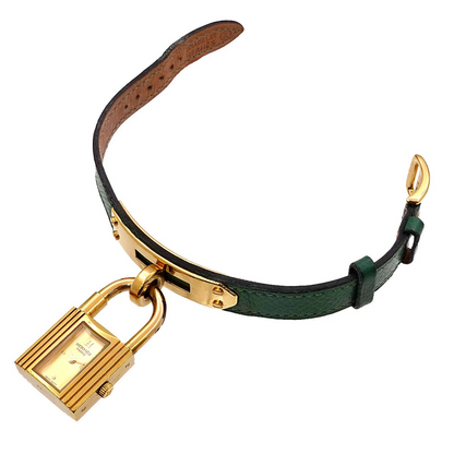 HERMES Kelly Watches Quartz Gold Dial Green Vintage Cadena Ladies Watch