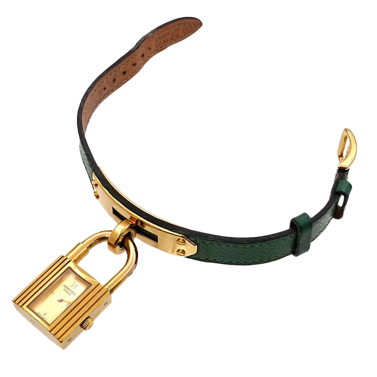 HERMES Kelly Watches Quartz Gold Dial Green Vintage Cadena Ladies Watch