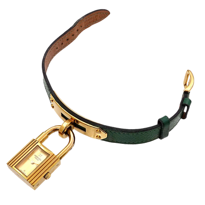 HERMES Kelly Watches Quartz Gold Dial Green Vintage Cadena Ladies Watch