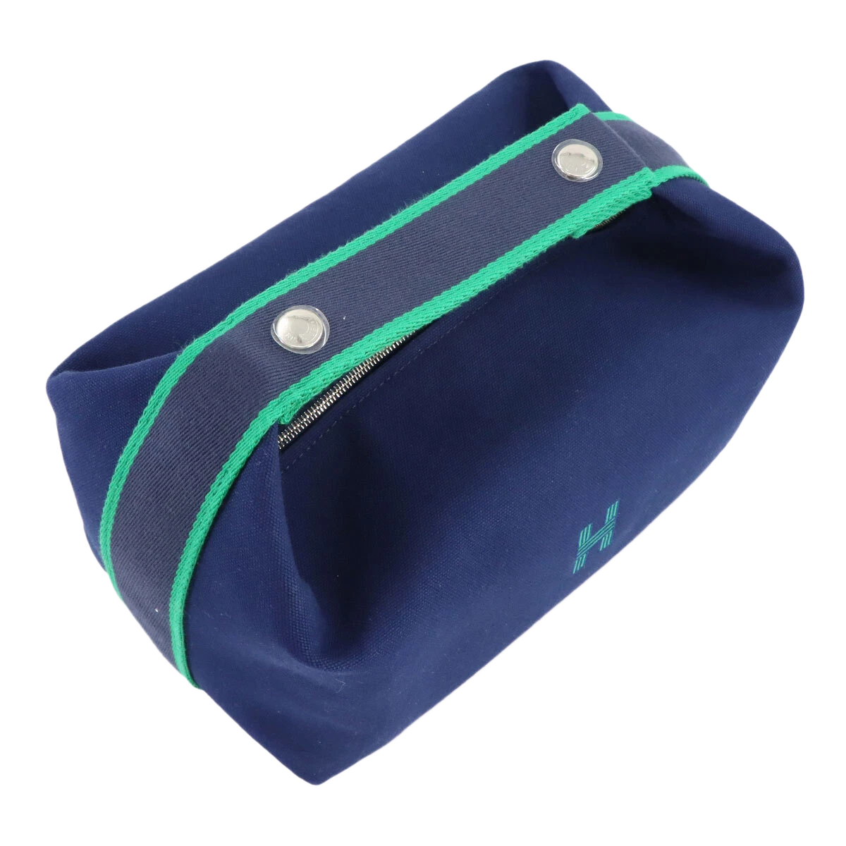 HERMES Bride a Brac GM Hand Bag Toile H Blue Marine Green Pouch