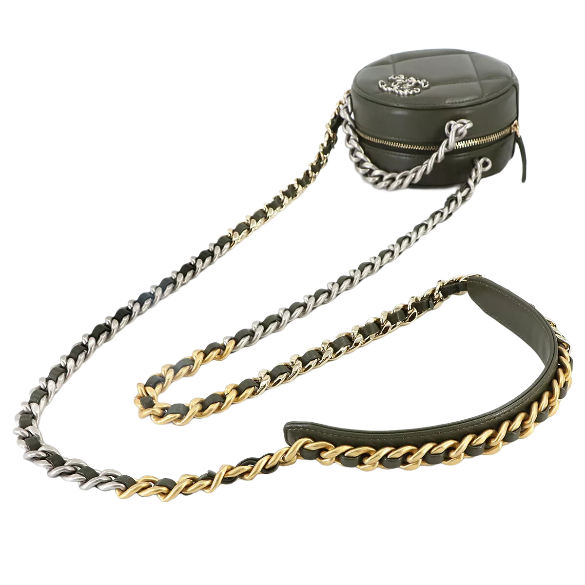 CHANEL 19 Round Clutch Chain Shoulder Bag Leather Khaki Purse