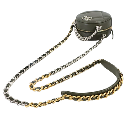 CHANEL 19 Round Clutch Chain Shoulder Bag Leather Khaki Purse