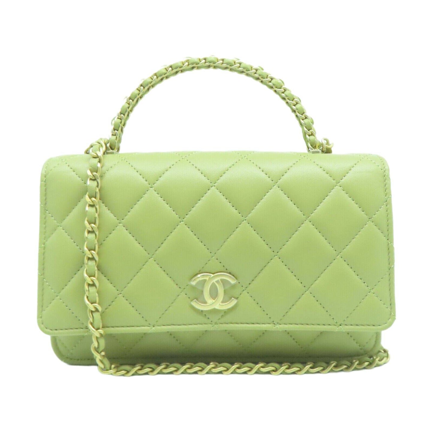 CHANEL Quilted CC GHW Chain Shoulder 2 Way Bag Lambskin Leather Green
