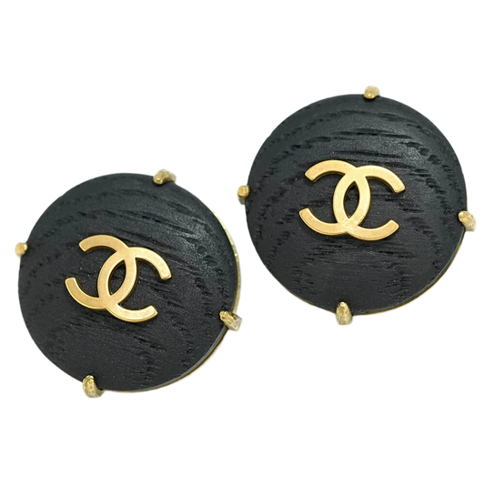 Chanel Vintage CC Logos Round Wood Clip-On Earrings in Gold Tone - 94P Collection