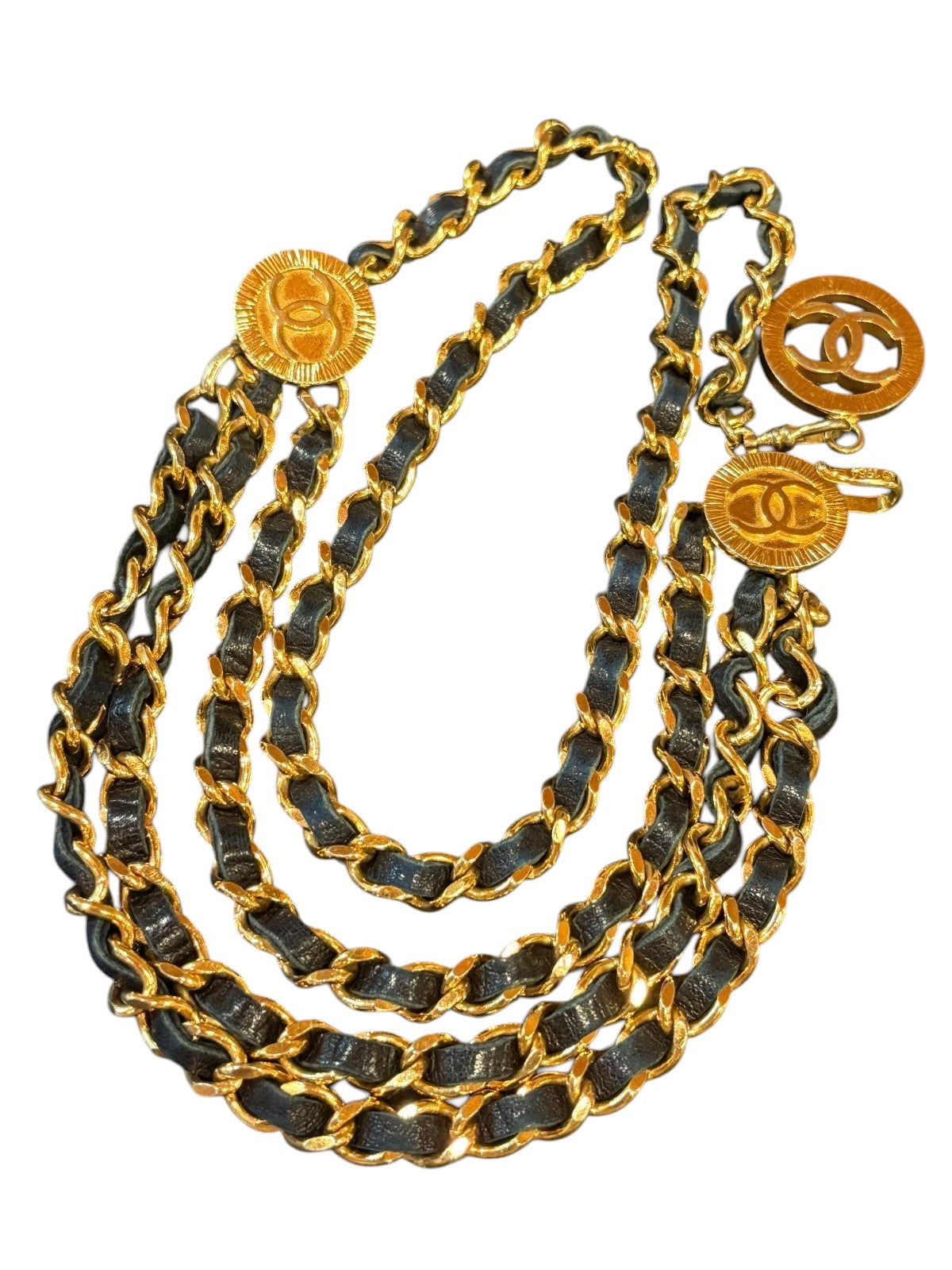 Chanel CC Logo Chain Belt in Gold with Navy Leather