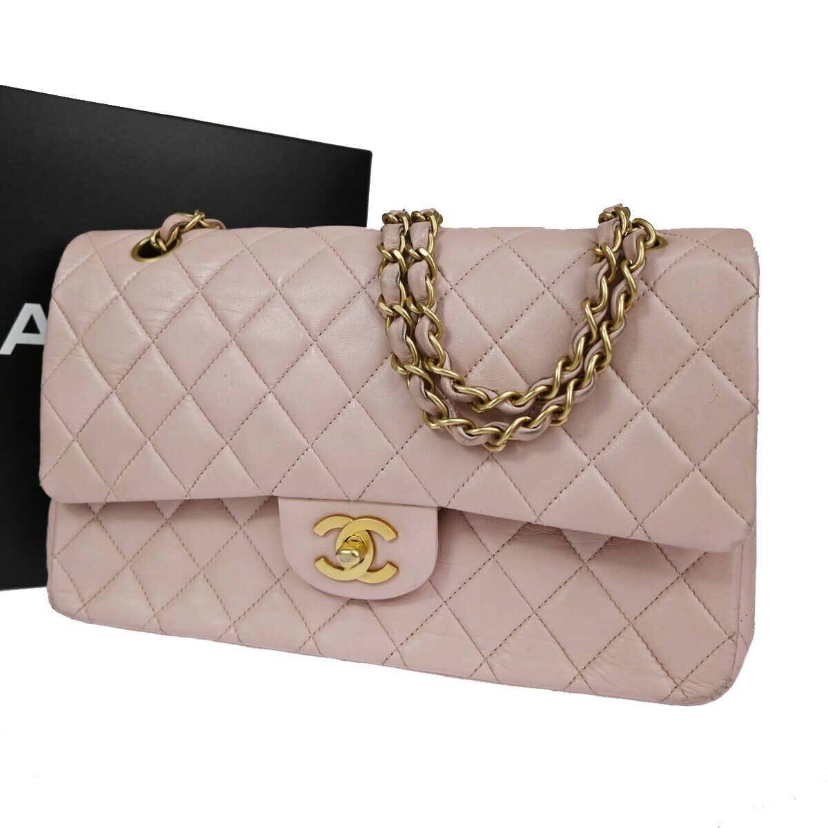 CHANEL Matelasse 25 Double Flap Chain Shoulder Bag Leather Pink