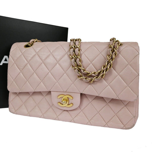 CHANEL Matelasse 25 Double Flap Chain Shoulder Bag Leather Pink