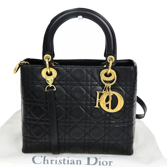 CHRISTIAN DIOR Logo Lady Cannage 2-Way Hand Bag – Black Leather