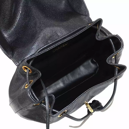 CHANEL Triple Coco Chain Backpack Caviar Skin Leather Black Purse