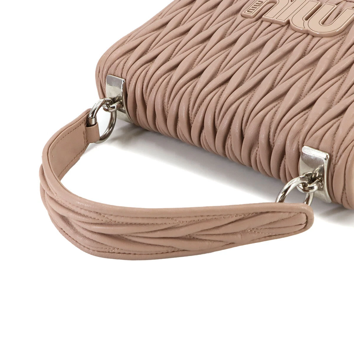 MIUMIU Matelasse Hand Chain Shoulder Bag Leather Pink Beige
