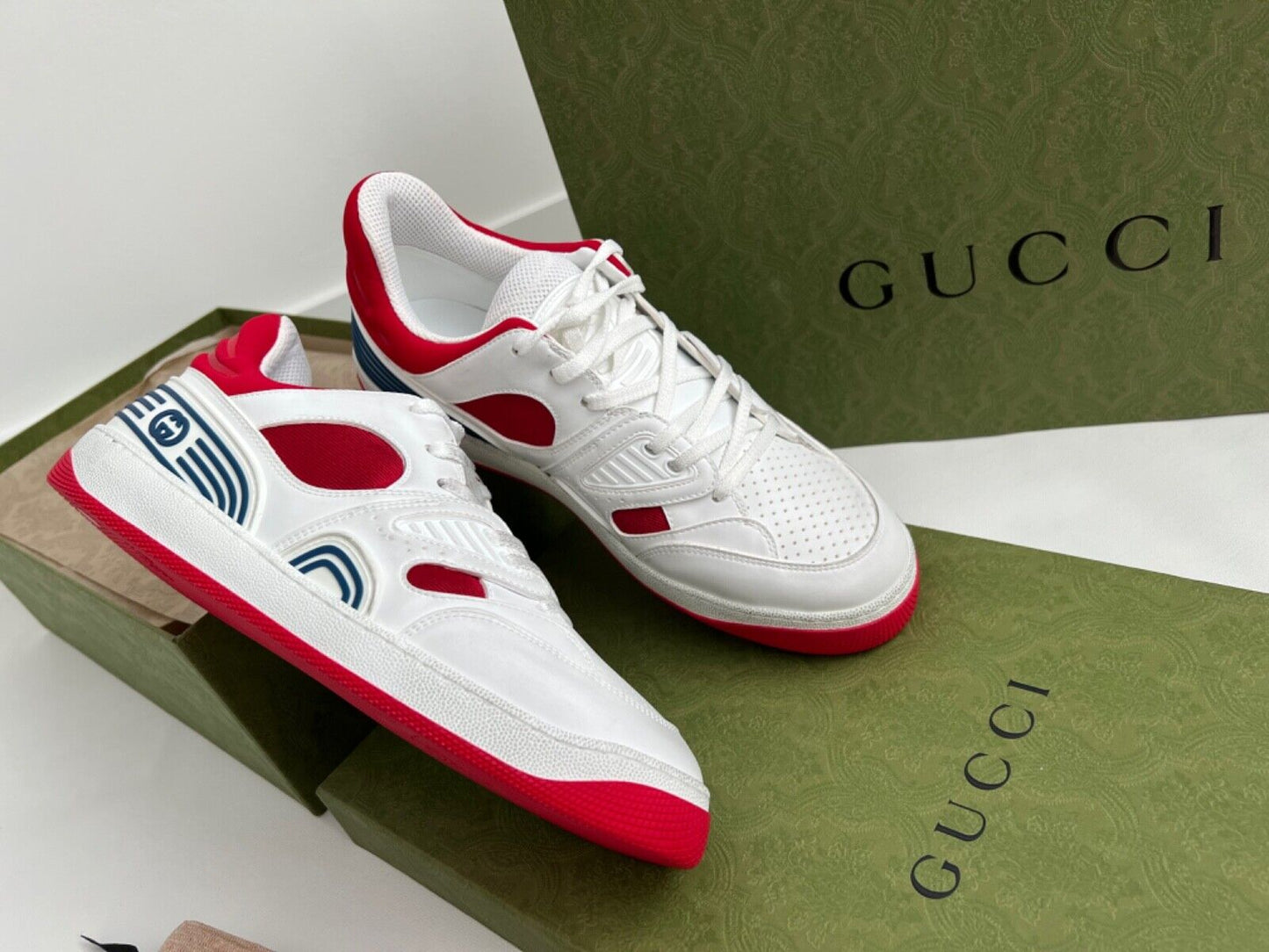 Gucci Men's Basket Sneakers Low Top Lace Up Red White Blue