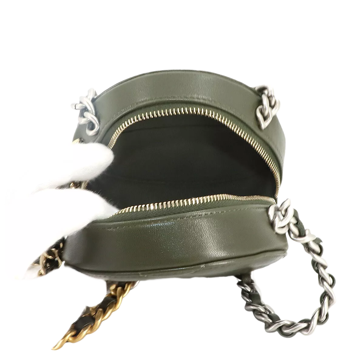 CHANEL 19 Round Clutch Chain Shoulder Bag Leather Khaki Purse