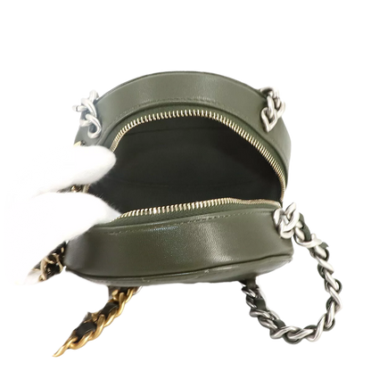 CHANEL 19 Round Clutch Chain Shoulder Bag Leather Khaki Purse
