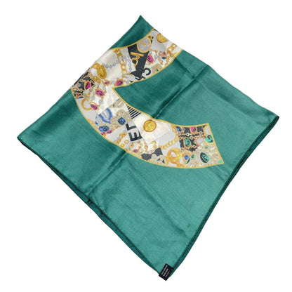 Chanel Coco Mark Green Multicolor Silk Scarf