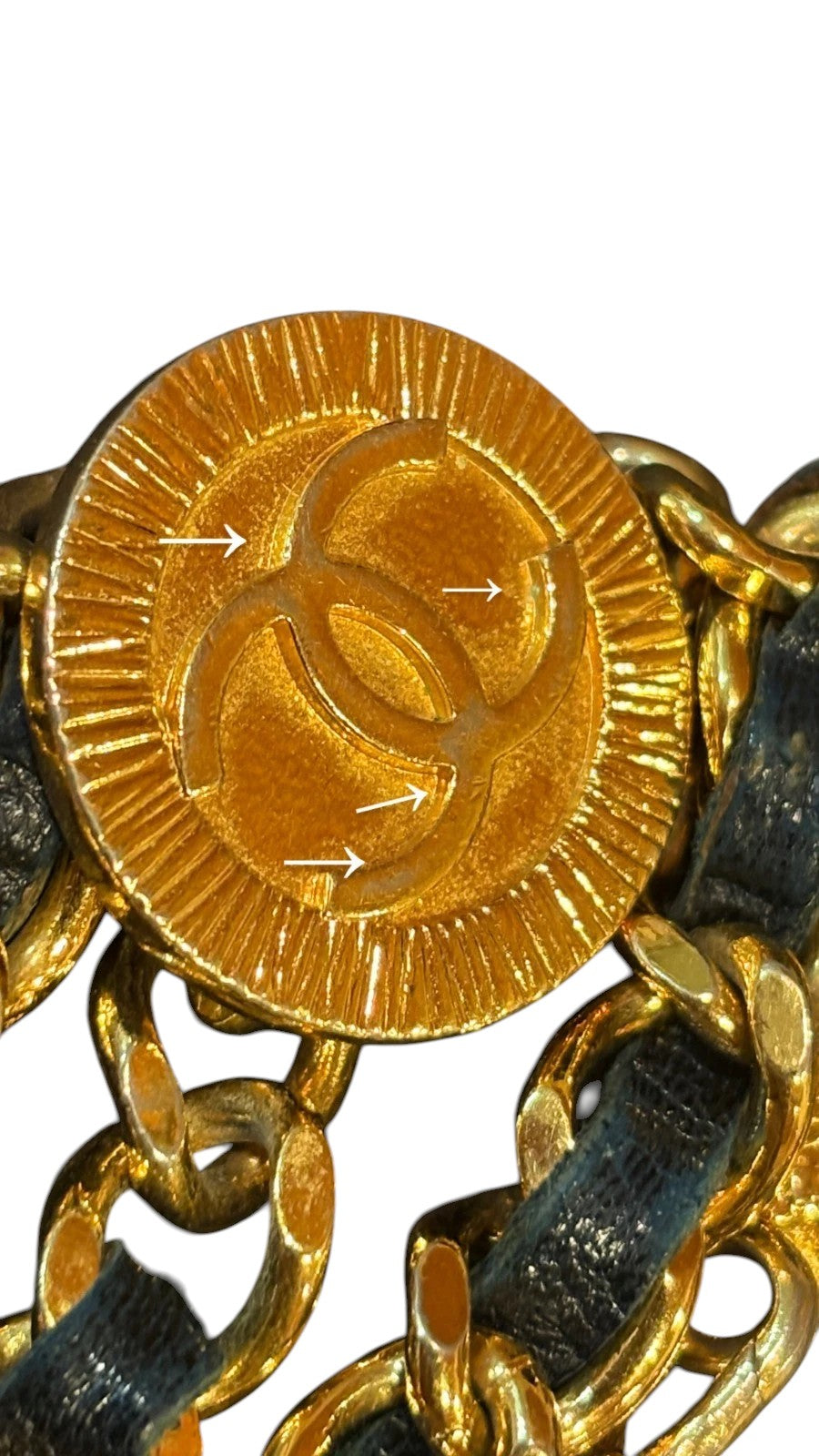 Chanel CC Logo Chain Belt in Gold with Navy Leather