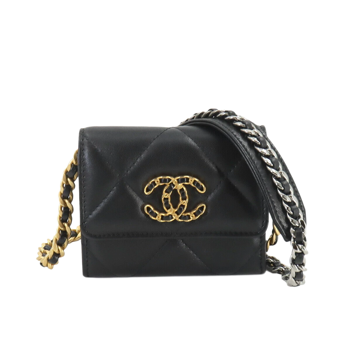 CHANEL 19 Flap Coin Purse Chain Coin Case Leather Black