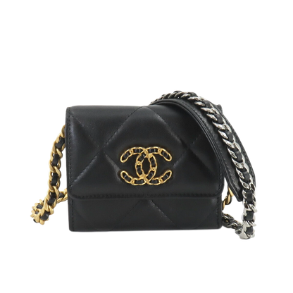 CHANEL 19 Flap Coin Purse Chain Coin Case Leather Black