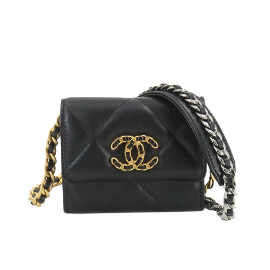 CHANEL 19 Flap Coin Purse Chain Coin Case Leather Black