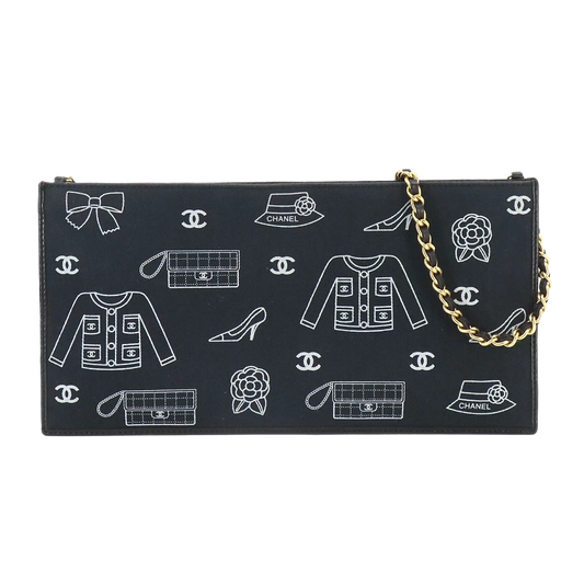 CHANEL Icon Print Chain Shoulder Bag Canvas Leather Black Purse