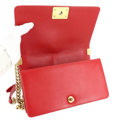 CHANEL BOY CHANEL Chain Shoulder Bag Leather Red Purse