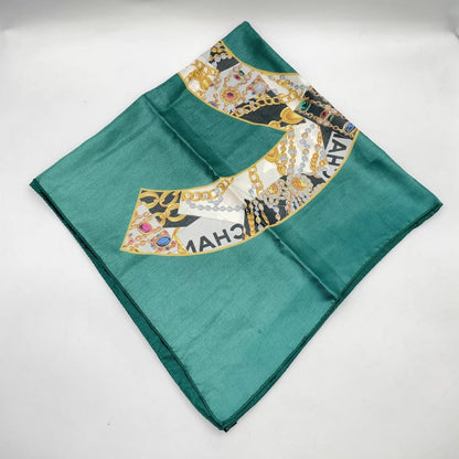 Chanel Coco Mark Green Multicolor Silk Scarf