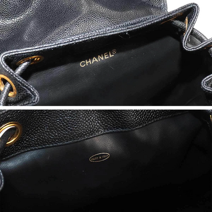 CHANEL Triple Coco Chain Backpack Caviar Skin Leather Black Purse