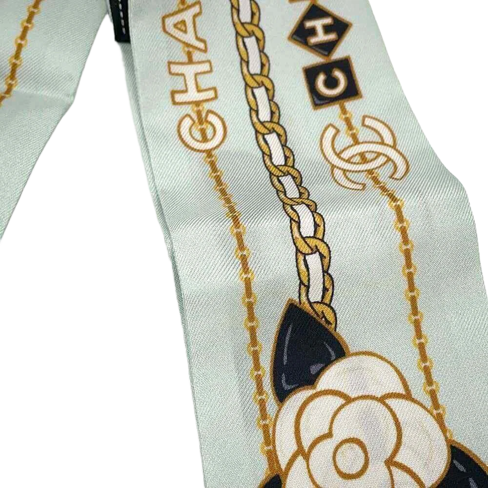 CHANEL CC Logo Camellia Chain Motif Scarf 100% Silk Blue
