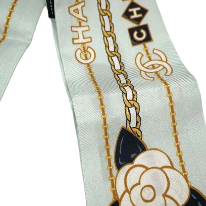 CHANEL CC Logo Camellia Chain Motif Scarf 100% Silk Blue