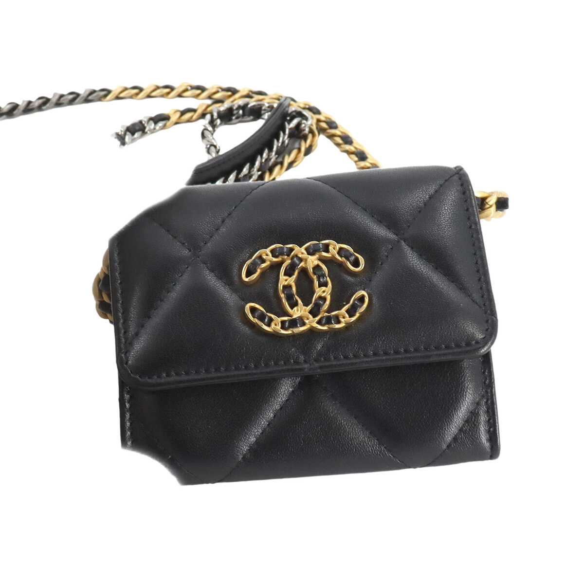 CHANEL 19 Flap Coin Purse Chain Coin Case Leather Black