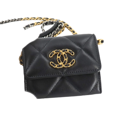 CHANEL 19 Flap Coin Purse Chain Coin Case Leather Black