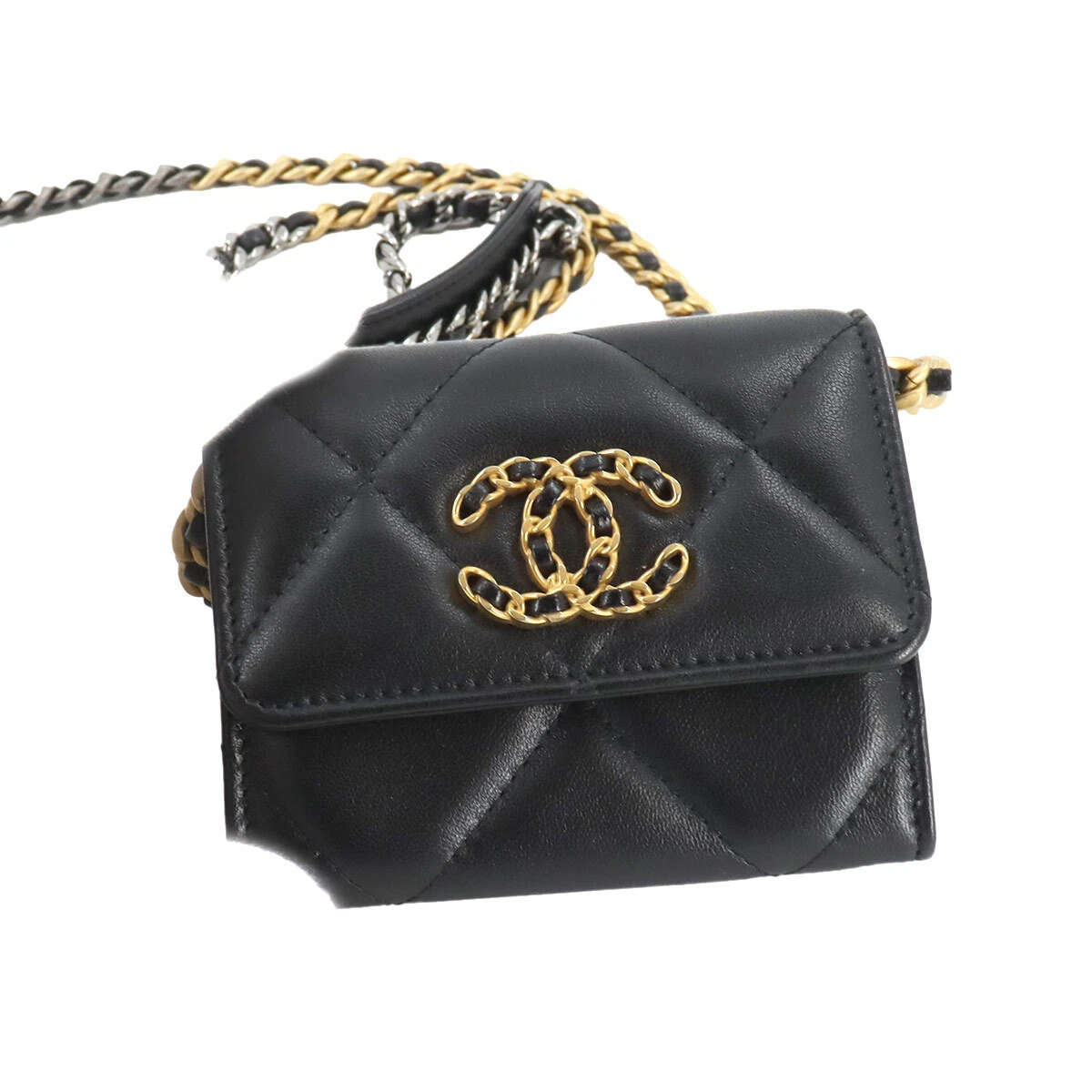 CHANEL 19 Flap Coin Purse Chain Coin Case Leather Black