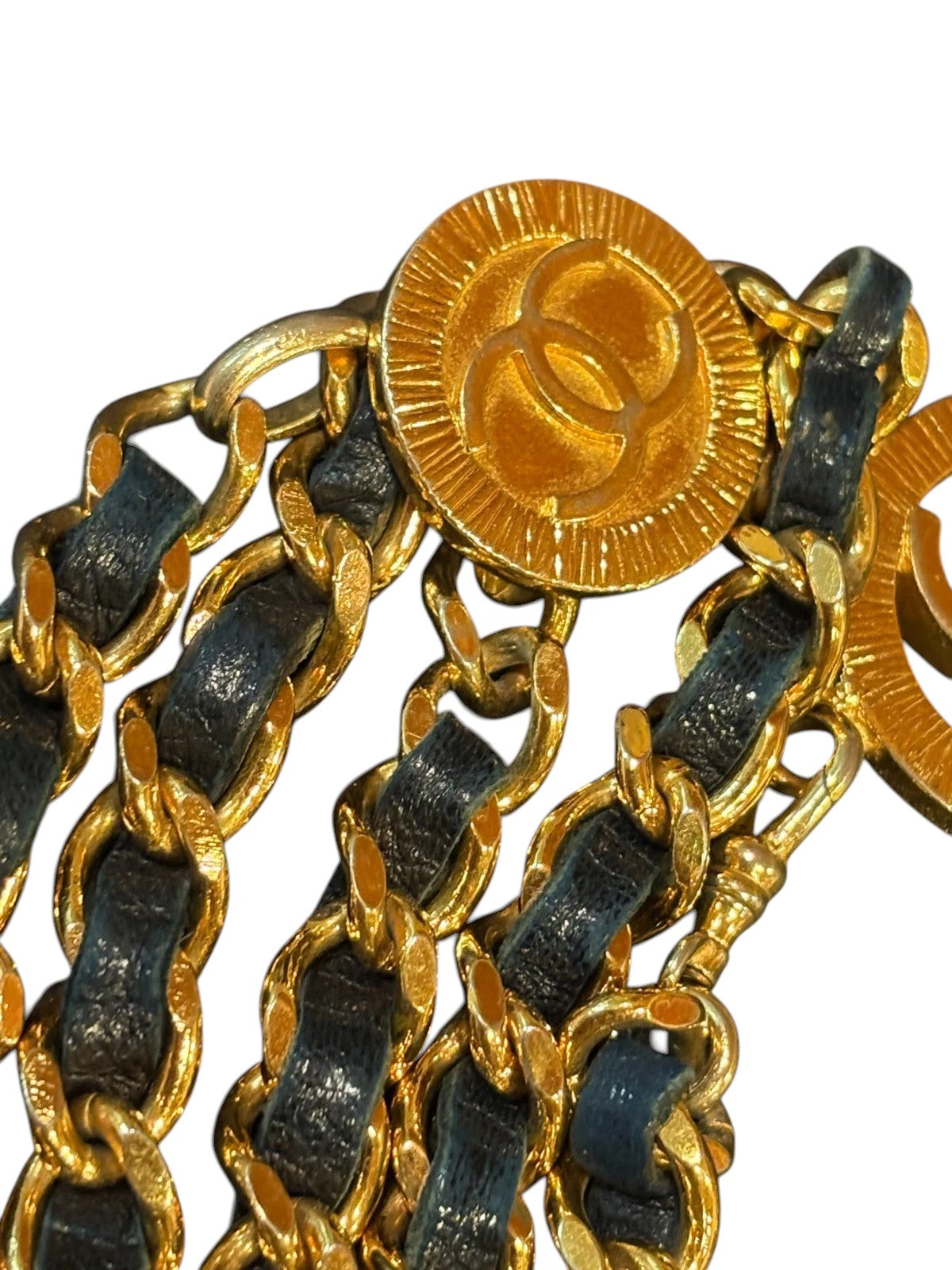 Chanel CC Logo Chain Belt in Gold with Navy Leather