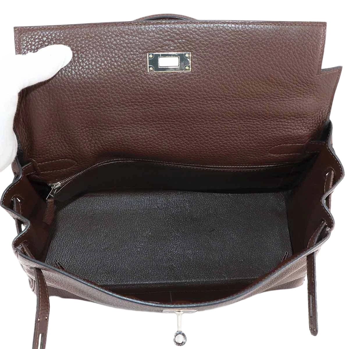 HERMES Kelly 32 Hand Shoulder Bag Taurillon Clemence Cacao Purse
